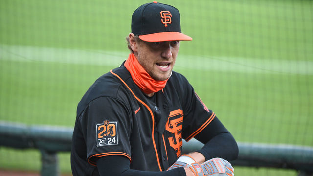 SAN FRANCISCO, CA - AUGUST 01: San Francisco Giants designated hitter Hunter Pence (8) during the Major League Baseball game between the Texas Rangers and the San Francisco Giants at Oracle Park on August 1, 2020 in San Francisco, CA.