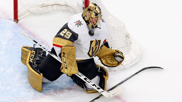 EDMONTON, ALBERTA - AUGUST 15: Marc-Andre Fleury #29 of the Vegas Golden Knights makes a first period chest save against the Chicago Blackhawks in Game Three of the Western Conference First Round during the 2020 NHL Stanley Cup Playoffs at Rogers Place on August 15, 2020 in Edmonton, Alberta, Canada.