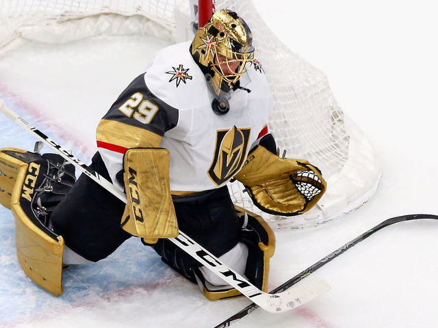 EDMONTON, ALBERTA - AUGUST 15: Marc-Andre Fleury #29 of the Vegas Golden Knights makes a first period chest save against the Chicago Blackhawks in Game Three of the Western Conference First Round during the 2020 NHL Stanley Cup Playoffs at Rogers Place on August 15, 2020 in Edmonton, Alberta, Canada.