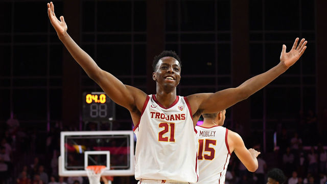 LOS ANGELES, CA - FEBRUARY 27: Onyeka Okongwu #21 of the USC Trojans acknowledges the crowd after defeating the Arizona Wildcats 57-48 at Galen Center on February 27, 2020 in Los Angeles, California.