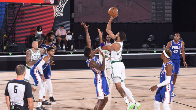 ORLANDO, FL - AUGUST 23: Jayson Tatum #0 of the Boston Celtics shoots the ball against the Philadelphia 76ers during Round One, Game Three of the NBA Playoffs on August 23, 2020 at the The Field House at ESPN Wide World Of Sports Complex in Orlando, Florida. NOTE TO USER: User expressly acknowledges and agrees that, by downloading and/or using this Photograph, user is consenting to the terms and conditions of the Getty Images License Agreement. Mandatory Copyright Notice: Copyright 2020 NBAE