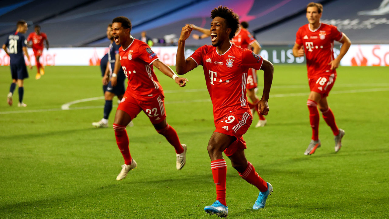 LISBON, PORTUGAL - AUGUST 23: Kingsley Coman of FC Bayern Munich celebrates after scoring his team's first goal during the UEFA Champions League Final match between Paris Saint-Germain and Bayern Munich at Estadio do Sport Lisboa e Benfica on August 23, 2020 in Lisbon, Portugal.