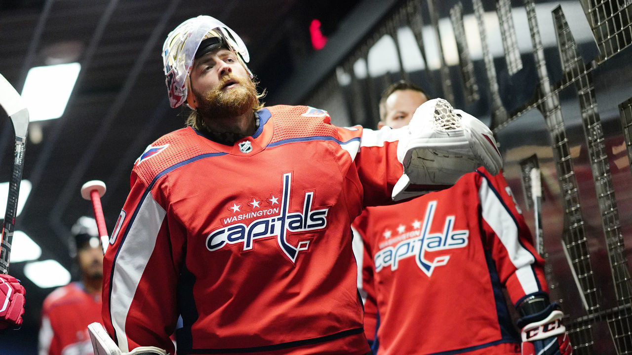 TORONTO, ONTARIO - AUGUST 20: Braden Holtby #70 of the Washington Capitals waits in the hallway before taking the ice for warm-up before Game Five of the Eastern Conference First Round of the 2020 NHL Stanley Cup Playoff between the New York Islanders and the Washington Capitals at Scotiabank Arena on August 20, 2020 in Toronto, Ontario.