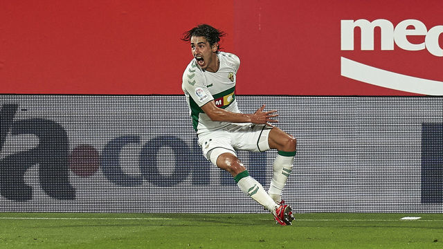 GIRONA, SPAIN - AUGUST 23: Pere Milla of Elche celebrates his team's first goal during the La Liga Smartbank Playoffs match between Girona and Elche at Montilivi Stadium on August 23, 2020 in Girona, Spain.