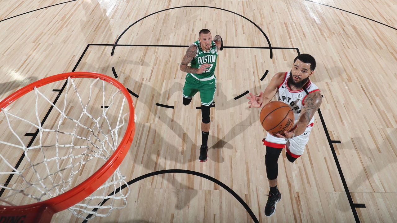 Orlando, FL - AUGUST 7: Fred VanVleet #23 of the Toronto Raptors shoots the ball against the Boston Celtics on August 7, 2020 at The Arena at ESPN Wide World of Sports in Orlando, Florida. NOTE TO USER: User expressly acknowledges and agrees that, by downloading and/or using this Photograph, user is consenting to the terms and conditions of the Getty Images License Agreement. Mandatory Copyright Notice: Copyright 2020 NBAE