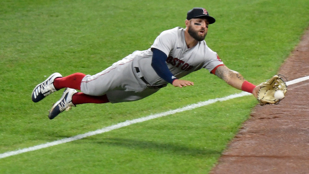 BALTIMORE, MD - AUGUST 21: Kevin Pillar #5 of the Boston Red Sox catches a foul ball hit by Pedro Severino #28 (not pictured) of the Baltimore Orioles in the fourth inning at Oriole Park at Camden Yards on August 21, 2020 in Baltimore, Maryland.