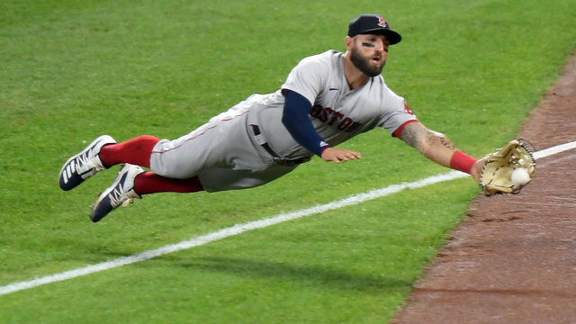 BALTIMORE, MD - AUGUST 21: Kevin Pillar #5 of the Boston Red Sox catches a foul ball hit by Pedro Severino #28 (not pictured) of the Baltimore Orioles in the fourth inning at Oriole Park at Camden Yards on August 21, 2020 in Baltimore, Maryland.