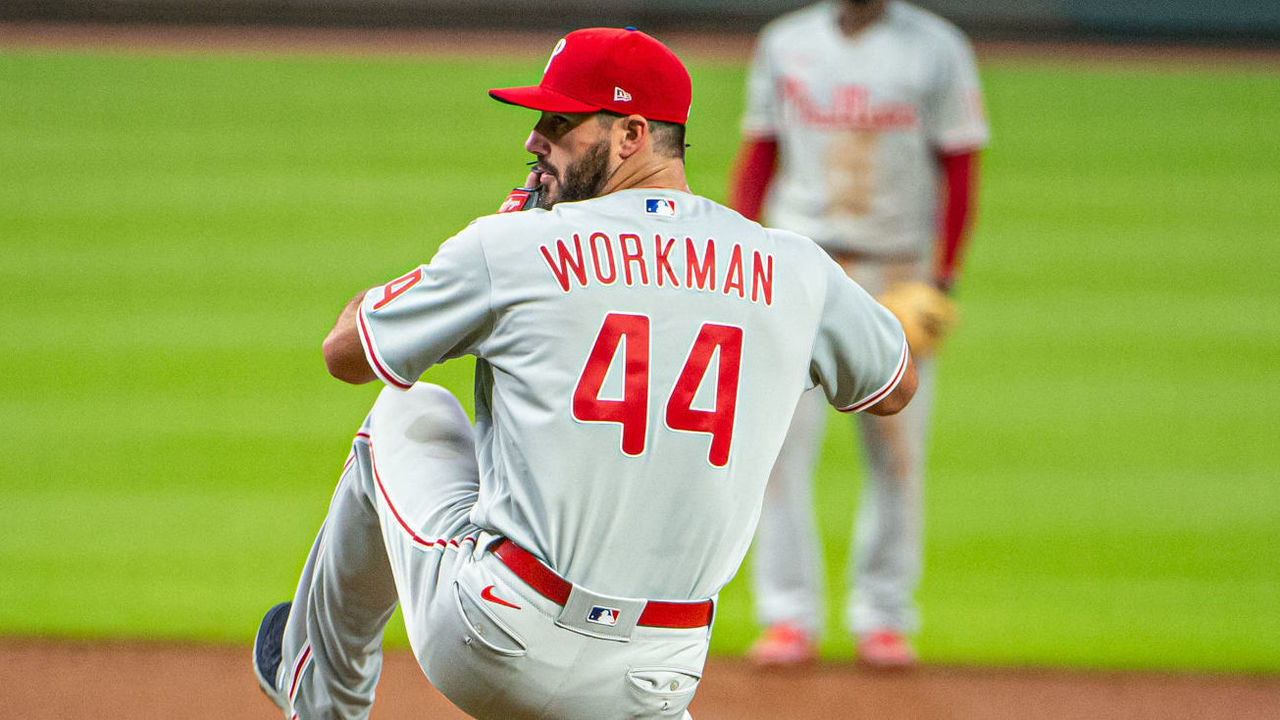 ATLANTA, GA - AUGUST 22: Philadelphia Phillies relief pitcher Brandon Workman (44) during the MLB game between the Philadelphia Phillies and the Atlanta Braves on August 22, 2020 at Truist Park in Atlanta, GA.