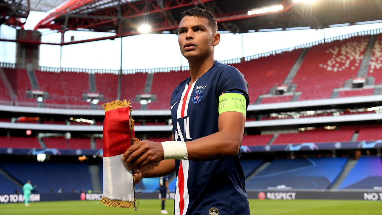 LISBON, PORTUGAL - AUGUST 23: In this handout image provided by UEFA, Thiago Silva of Paris Saint-Germain looks on prior to the UEFA Champions League Final match between Paris Saint-Germain and Bayern Munich at Estadio do Sport Lisboa e Benfica on August 23, 2020 in Lisbon, Portugal.