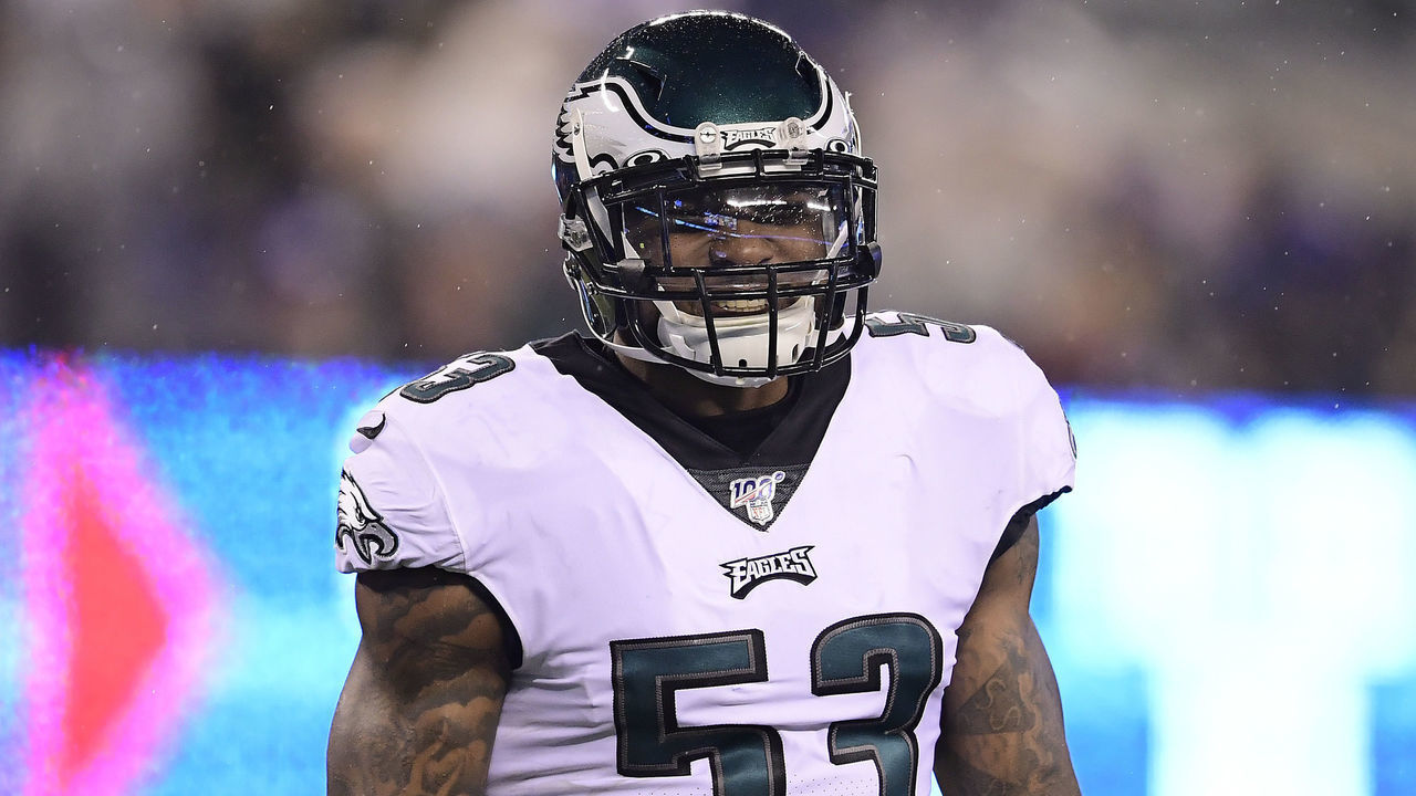 EAST RUTHERFORD, NEW JERSEY - DECEMBER 29: Nigel Bradham #53 of the Philadelphia Eagles looks on against the New York Giants at MetLife Stadium on December 29, 2019 in East Rutherford, New Jersey.