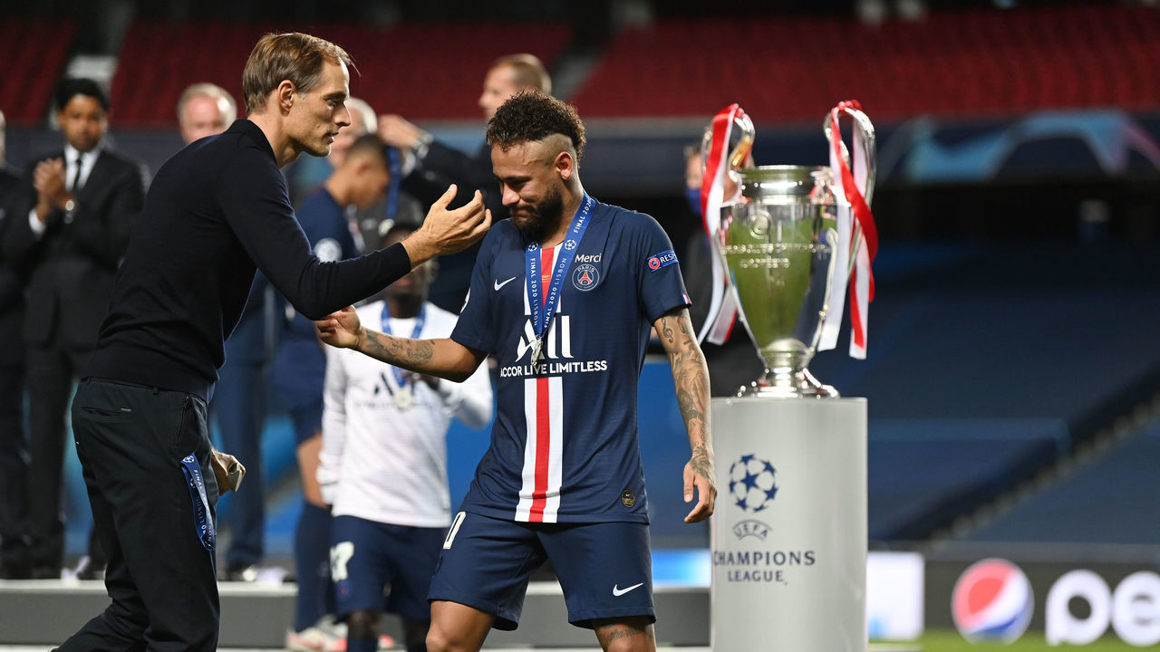 LISBON, PORTUGAL - AUGUST 23: Neymar of PSG looks dejeted with PSG manager Thomas Tuchel after the UEFA Champions League final football match between Paris Saint-Germain and Bayern Munich at the Luz stadium in Lisbon, Portugal on August 23, 2020. Germany's Bayern Munich defeated France's Paris Saint-Germain 1-0 on Sunday to win the 2020 UEFA Champions League title.