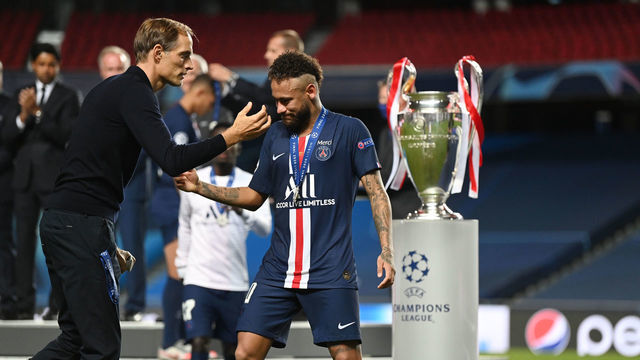 LISBON, PORTUGAL - AUGUST 23: Neymar of PSG looks dejeted with PSG manager Thomas Tuchel after the UEFA Champions League final football match between Paris Saint-Germain and Bayern Munich at the Luz stadium in Lisbon, Portugal on August 23, 2020. Germany's Bayern Munich defeated France's Paris Saint-Germain 1-0 on Sunday to win the 2020 UEFA Champions League title.