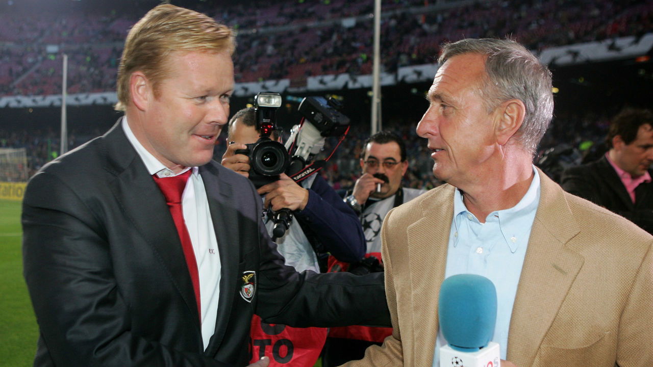 BARCELONA, SPAIN - APRIL 05: Ronald Koeman, Coach of Benfica with Dutch football legend Johann Cruyff before UEFA Champions League Quarter Final second leg match between Barcelona and SL Benfica at the Camp Nou on April 5, 2006 in Barcelona, Spain.