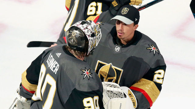 EDMONTON, ALBERTA - AUGUST 23: Robin Lehner #90 of the Vegas Golden Knights celebrates his 5-0 shutout against the Vancouver Canucks and is joined by Marc-Andre Fleury #29 in Game One of the Western Conference Second Round during the 2020 NHL Stanley Cup Playoffs at Rogers Place on August 23, 2020 in Edmonton, Alberta, Canada.
