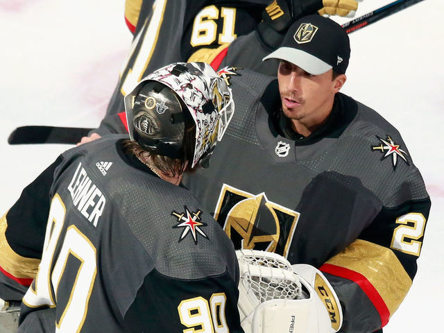 EDMONTON, ALBERTA - AUGUST 23: Robin Lehner #90 of the Vegas Golden Knights celebrates his 5-0 shutout against the Vancouver Canucks and is joined by Marc-Andre Fleury #29 in Game One of the Western Conference Second Round during the 2020 NHL Stanley Cup Playoffs at Rogers Place on August 23, 2020 in Edmonton, Alberta, Canada.