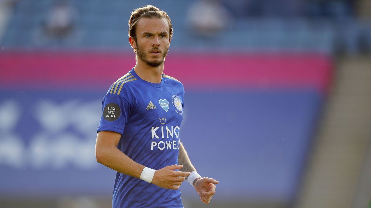 LEICESTER, ENGLAND - JUNE 23: James Maddison of Leicester City looks on during the Premier League match between Leicester City and Brighton & Hove Albion at The King Power Stadium on June 23, 2020 in Leicester, England. Football Stadiums around Europe remain empty due to the Coronavirus Pandemic as Government social distancing laws prohibit fans inside venues resulting in all fixtures being played behind closed doors.