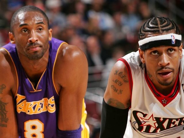PHILADELPHIA - MARCH 15: Allen Iverson #3 of the Philadelphia 76ers against Kobe Bryant #8 of the Los Angeles Lakers on March 15, 2005 at the Wachovia Center in Philadelphia, Pennsylvania. NOTE TO USER: User expressly acknowledges and agrees that, by downloading and or using this photograph, User is consenting to the terms and conditions of the Getty Images License Agreement. Mandatory Copyright Notice: Copyright 2005 NBAE