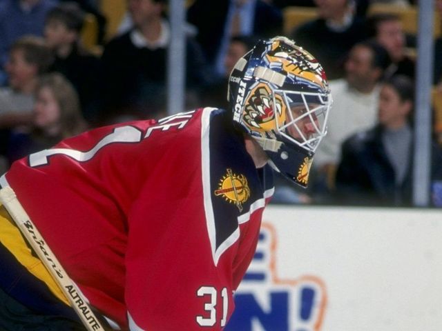 19 Nov 1998: Goalie Sean Burke #31 of the Florida Panthers looks up the ice during a game against the Boston Bruins at the Fleet Center in Boston, Massachusetts. The Panthers and the Bruins tied 5-5 after Overtime. Mandatory Credit: Brian Babineau /Allsport