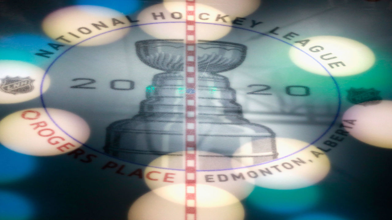 EDMONTON, ALBERTA - AUGUST 11: A general view of the in-ice logo during the game between the Calgary Flames and the Dallas Stars in Game One of the Western Conference First Round during the 2020 NHL Stanley Cup Playoffs at Rogers Place on August 11, 2020 in Edmonton, Alberta, Canada.