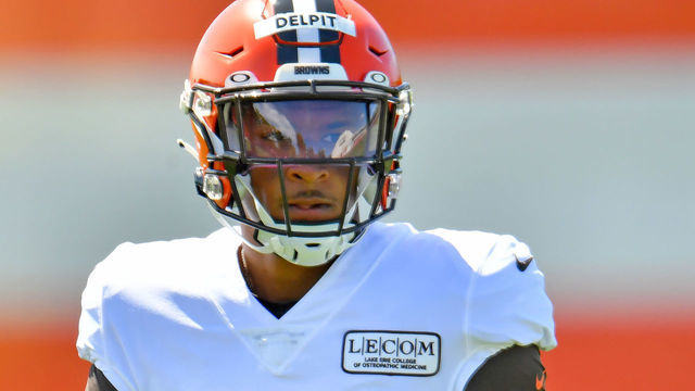 BEREA, OHIO - AUGUST 18: Safety Grant Delpit #22 of the Cleveland Browns works out during an NFL training camp at the Browns training facility on August 18, 2020 in Berea, Ohio.