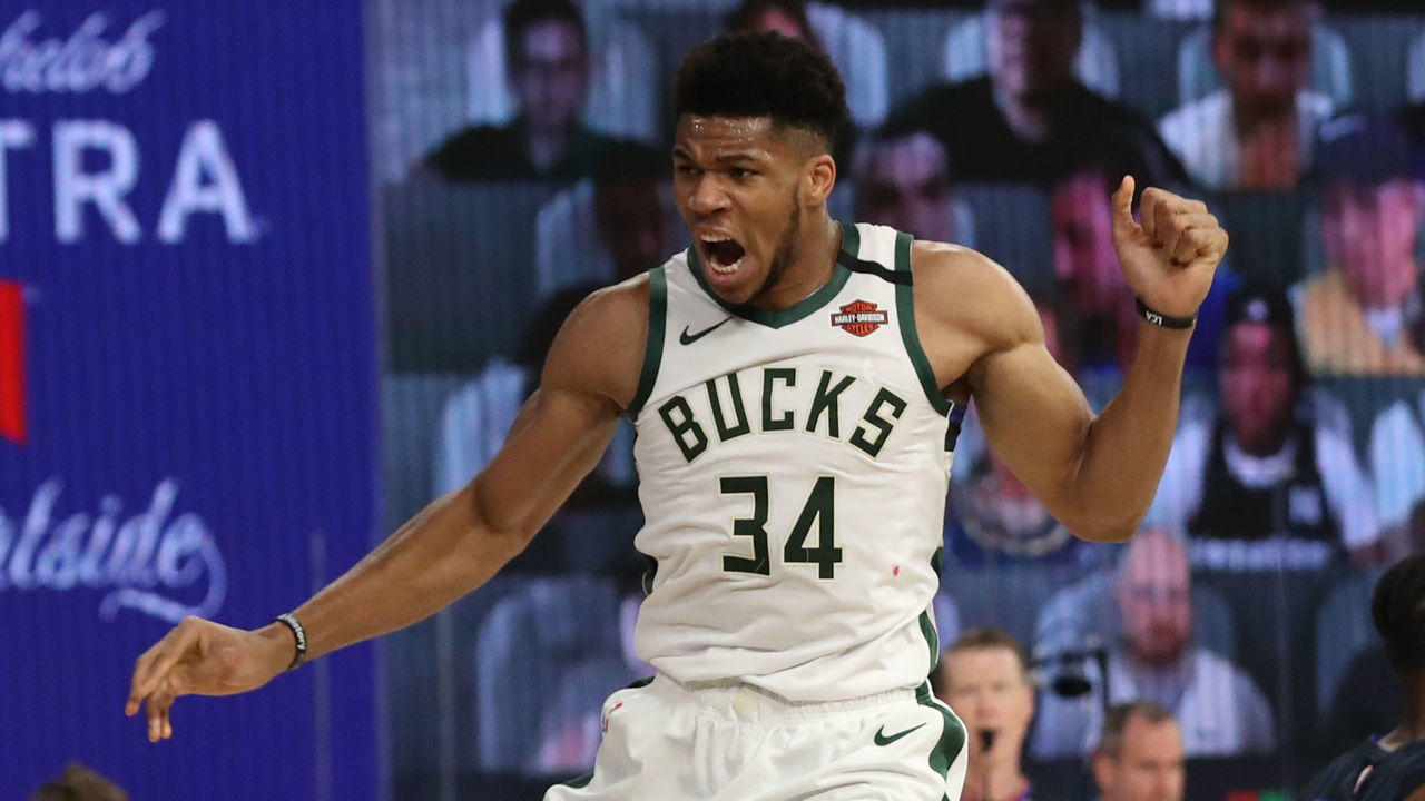 Orlando, FL - AUGUST 24: Giannis Antetokounmpo #34 of the Milwaukee Bucks celebrates during the game against the Orlando Magic during Round One, Game Four of the NBA Playoffs on August 24, 2020 in Orlando, Florida at The Field House. NOTE TO USER: User expressly acknowledges and agrees that, by downloading and/or using this Photograph, user is consenting to the terms and conditions of the Getty Images License Agreement. Mandatory Copyright Notice: Copyright 2020 NBAE