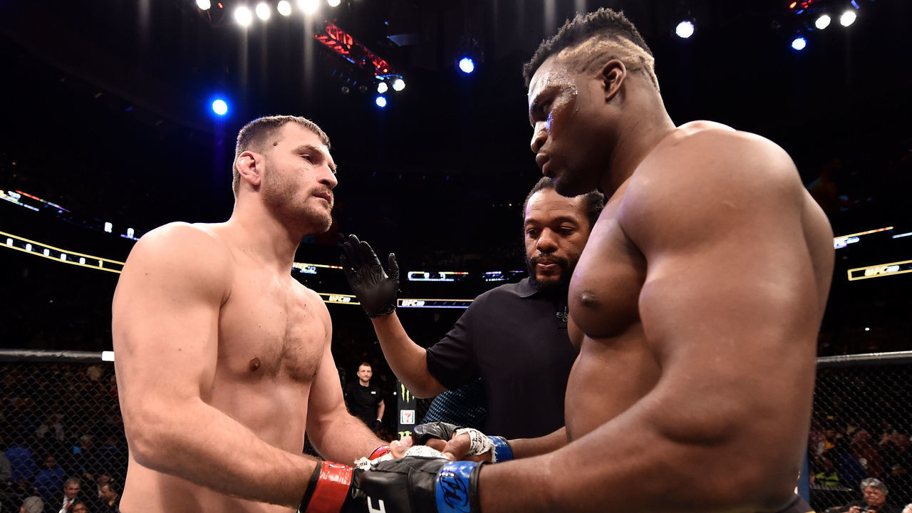 BOSTON, MA - JANUARY 20: (L-R) Opponents Stipe Miocic and Francis Ngannou of Cameroon face off prior to their heavyweight championship bout during the UFC 220 event at TD Garden on January 20, 2018 in Boston, Massachusetts.