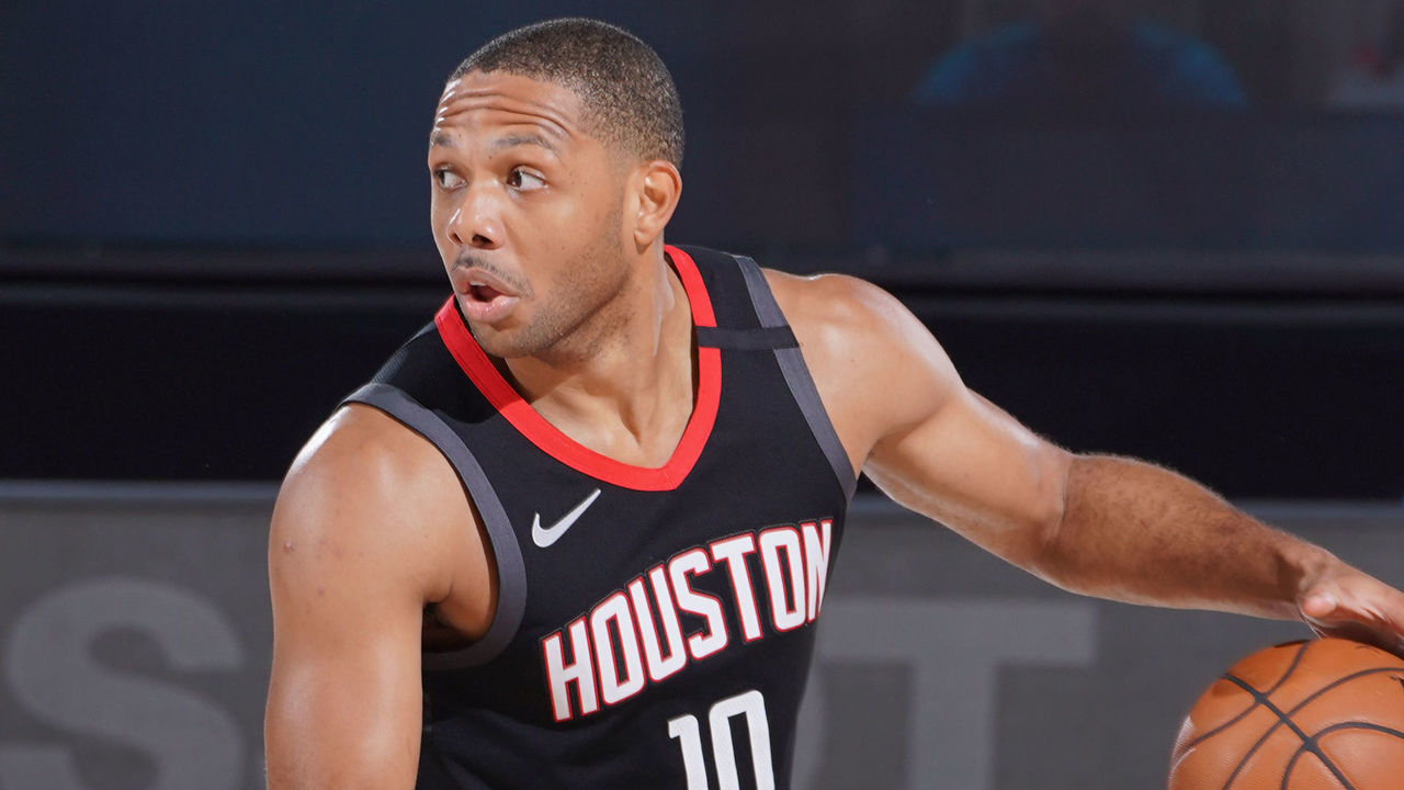 Orlando, FL - AUGUST 24: Eric Gordon #10 of the Houston Rockets handles the ball against the Oklahoma City Thunder during Round One, Game Four of the NBA Playoffs on August 24, 2020 in Orlando, Florida at AdventHealth Arena. NOTE TO USER: User expressly acknowledges and agrees that, by downloading and/or using this Photograph, user is consenting to the terms and conditions of the Getty Images License Agreement. Mandatory Copyright Notice: Copyright 2020 NBAE