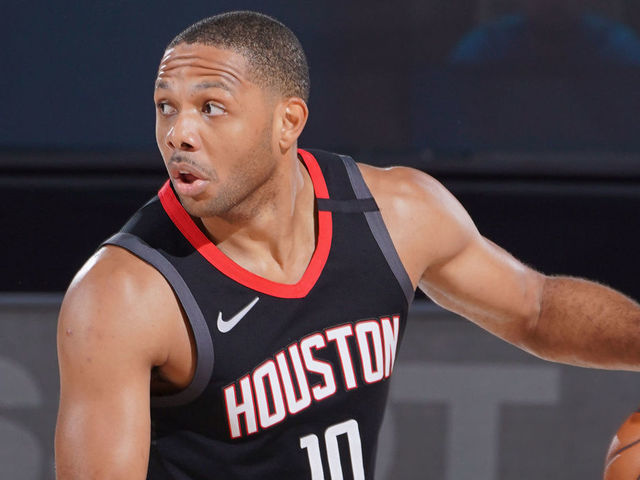 Orlando, FL - AUGUST 24: Eric Gordon #10 of the Houston Rockets handles the ball against the Oklahoma City Thunder during Round One, Game Four of the NBA Playoffs on August 24, 2020 in Orlando, Florida at AdventHealth Arena. NOTE TO USER: User expressly acknowledges and agrees that, by downloading and/or using this Photograph, user is consenting to the terms and conditions of the Getty Images License Agreement. Mandatory Copyright Notice: Copyright 2020 NBAE