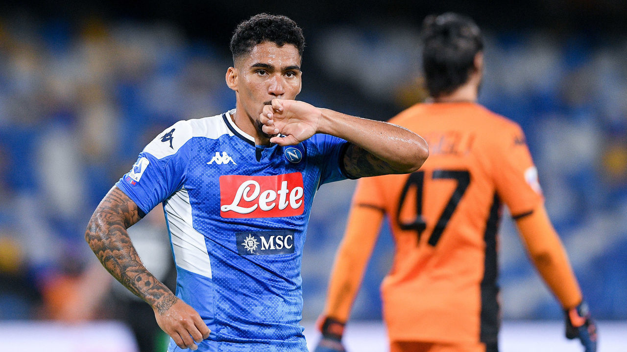 Allan of SSC Napoli celebrates scoring second goal during the Serie A match between Napoli and Sassuolo at Stadio San Paolo, Naples, Italy on 25 July 2020.
