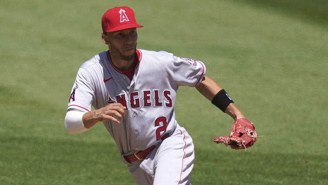 OAKLAND, CALIFORNIA - JULY 27: Andrelton Simmons #2 of the Los Angeles Angels reacts to a ground ball against the Oakland Athletics in the bottom of the seventh inning at RingCentral Coliseum on July 27, 2020 in Oakland, California.