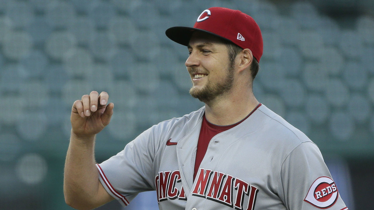 DETROIT, MI - AUGUST 2: Pitcher Trevor Bauer #27 of the Cincinnati Reds smiles after a 4-0 win over the Detroit Tigers during game two of a doubleheader at Comerica Park on August 2, 2020, in Detroit, Michigan.
