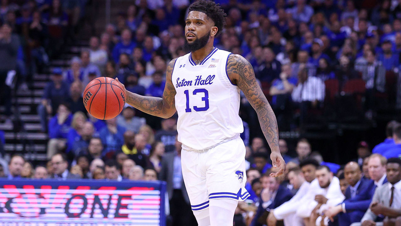 NEWARK, NJ - MARCH 04: Seton Hall Pirates guard Myles Powell (13) during the first half of the college basketball game between the Seton Hall Pirates and the Villanova Wildcats on March 4, 2020 at the Prudential Center in Newark, NJ.