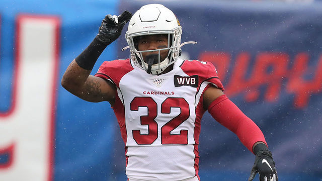 EAST RUTHERFORD, NEW JERSEY - OCTOBER 20: Safety Budda Baker #32 of the Arizona Cardinals celebrates a stop during the first half of the game against the New York Giants at MetLife Stadium on October 20, 2019 in East Rutherford, New Jersey.