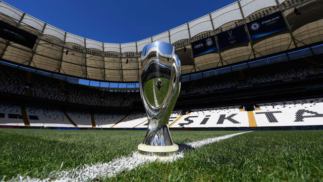 ISTANBUL, TURKEY - AUGUST 13: The UEFA Super Cup Trophy is seen on the pitch ahead of the UEFA Super Cup Final between Liverpool and Chelsea at Besiktas Park on August 13, 2019 in Istanbul, Turkey.