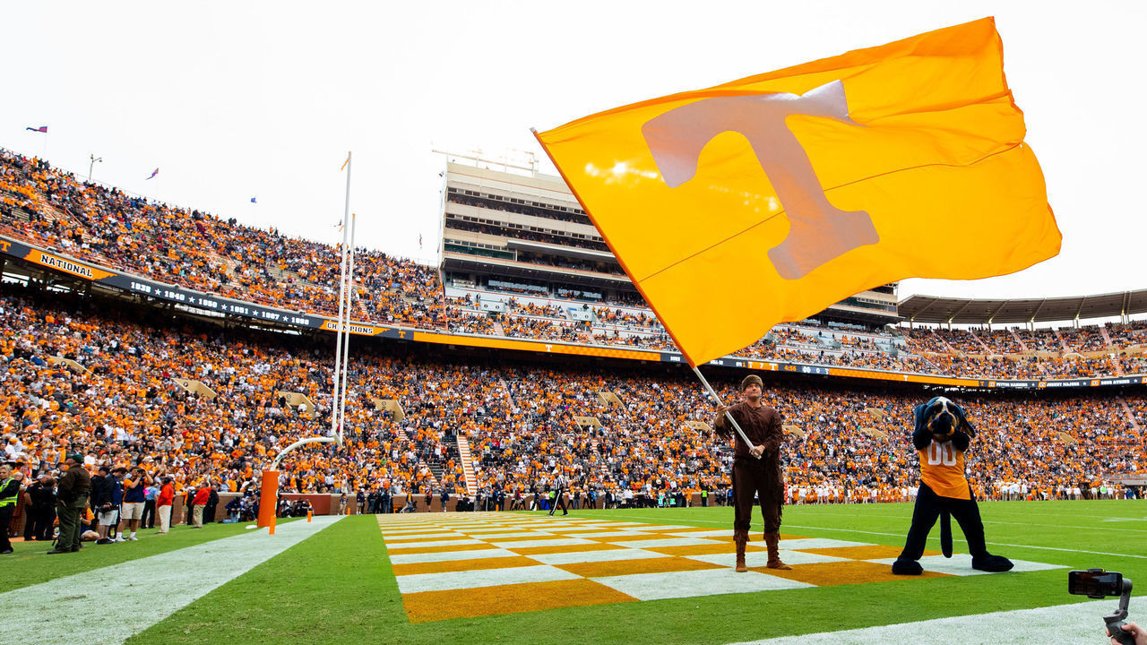 KNOXVILLE, TN - OCTOBER 12: General view of a Tennessee Volunteers flag during a game against the Mississippi State Bulldogs at Neyland Stadium on October 12, 2019 in Knoxville, Tennessee.