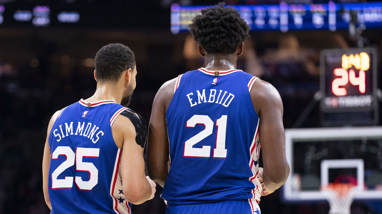 PHILADELPHIA, PA - NOVEMBER 20: Ben Simmons #25 and Joel Embiid #21 of the Philadelphia 76ers in action against the New York Knicks at the Wells Fargo Center on November 20, 2019 in Philadelphia, Pennsylvania. NOTE TO USER: User expressly acknowledges and agrees that, by downloading and/or using this photograph, user is consenting to the terms and conditions of the Getty Images License Agreement.