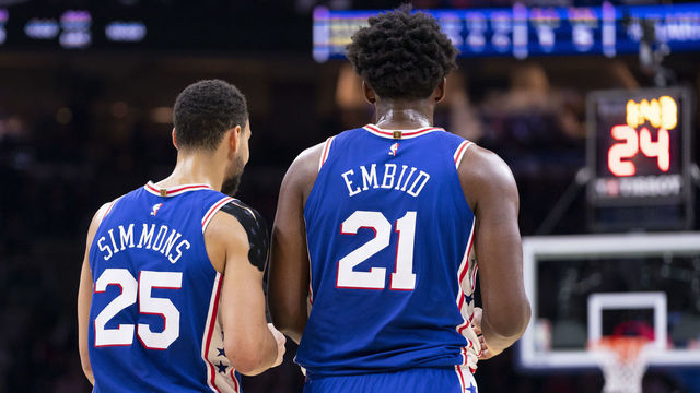 PHILADELPHIA, PA - NOVEMBER 20: Ben Simmons #25 and Joel Embiid #21 of the Philadelphia 76ers in action against the New York Knicks at the Wells Fargo Center on November 20, 2019 in Philadelphia, Pennsylvania. NOTE TO USER: User expressly acknowledges and agrees that, by downloading and/or using this photograph, user is consenting to the terms and conditions of the Getty Images License Agreement.