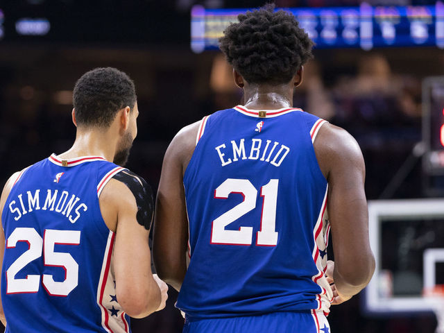 PHILADELPHIA, PA - NOVEMBER 20: Ben Simmons #25 and Joel Embiid #21 of the Philadelphia 76ers in action against the New York Knicks at the Wells Fargo Center on November 20, 2019 in Philadelphia, Pennsylvania. NOTE TO USER: User expressly acknowledges and agrees that, by downloading and/or using this photograph, user is consenting to the terms and conditions of the Getty Images License Agreement.