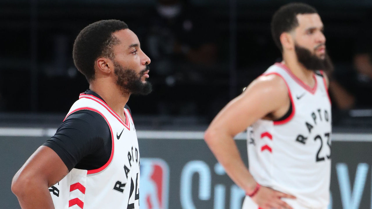 Orlando, FL - AUGUST 17: Norman Powell #24 and Fred VanVleet #23 of the Toronto Raptors looks on during the game against the Brooklyn Nets during Round One, Game One of the NBA Playoffs on August 17, 2020 in Orlando, Florida at AdventHealth Arena. NOTE TO USER: User expressly acknowledges and agrees that, by downloading and/or using this Photograph, user is consenting to the terms and conditions of the Getty Images License Agreement. Mandatory Copyright Notice: Copyright 2020 NBAE