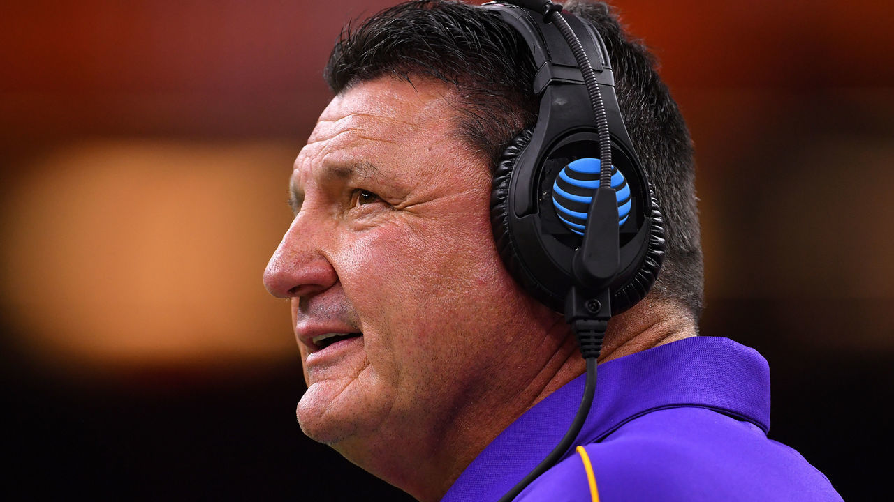 NEW ORLEANS, LA - JANUARY 13: Head Coach Ed Orgeron of the LSU Tigers coaches from the sidelines against the Clemson Tigers during the College Football Playoff National Championship held at the Mercedes-Benz Superdome on January 13, 2020 in New Orleans, Louisiana.