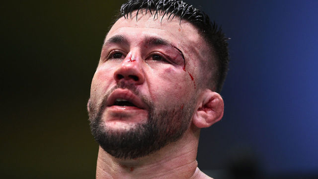 LAS VEGAS, NEVADA - AUGUST 22: Pedro Munhoz of Brazil reacts after the conclusion of his bantamweight fight against Frankie Edgar during the UFC Fight Night event at UFC APEX on August 22, 2020 in Las Vegas, Nevada.