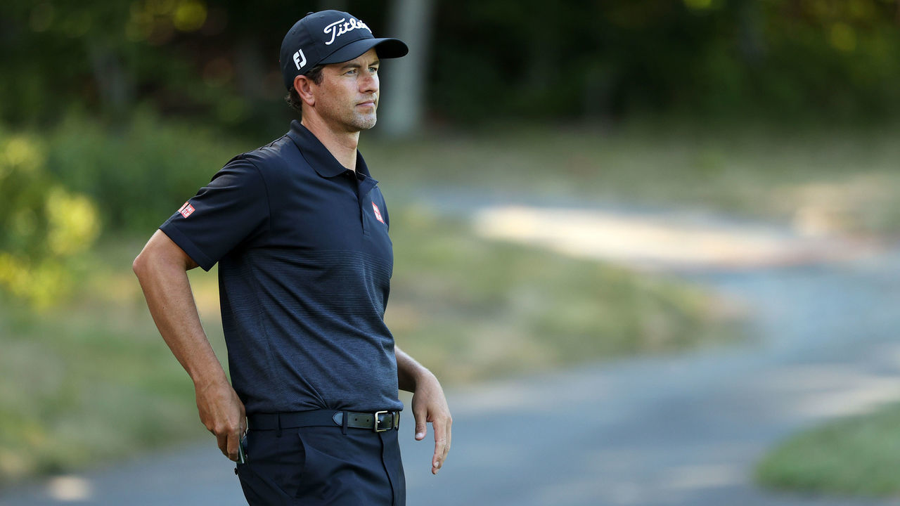 NORTON, MASSACHUSETTS - AUGUST 20: Adam Scott of Australia looks on from the fourth green during the first round of The Northern Trust at TPC Boston on August 20, 2020 in Norton, Massachusetts.