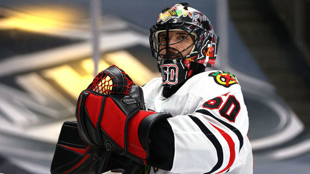 EDMONTON, ALBERTA - AUGUST 18: Goaltender Corey Crawford #50 of the Chicago Blackhawks reacts after the Vegas Golden Knights score a goal by Mark Stone #61 (not pictured) during the second period of Game Five of the Western Conference First Round of the 2020 NHL Stanley Cup Playoff at Rogers Place on August 18, 2020 in Edmonton, Alberta.