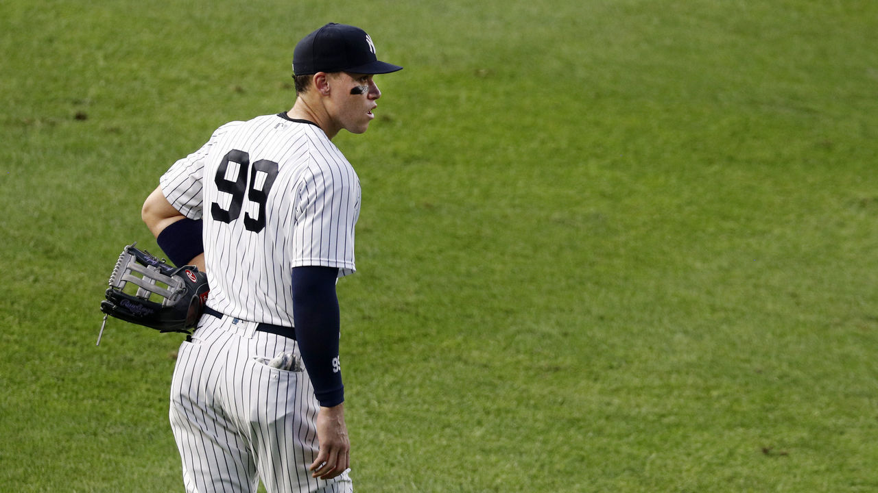 NEW YORK, NEW YORK - AUGUST 11: (NEW YORK DAILIES OUT) Aaron Judge #99 of the New York Yankees looks on against the Atlanta Braves at Yankee Stadium on August 11, 2020 in New York City. The Yankees defeated the Braves 9-6.