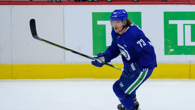 VANCOUVER, BC - JULY 18: Vancouver Canucks Right Wing Tyler Toffoli (73) skates up ice during the Vancouver Canucks Training Camp at Rogers Arena on July 18th, 2020 in Vancouver, British Columbia, Canada.