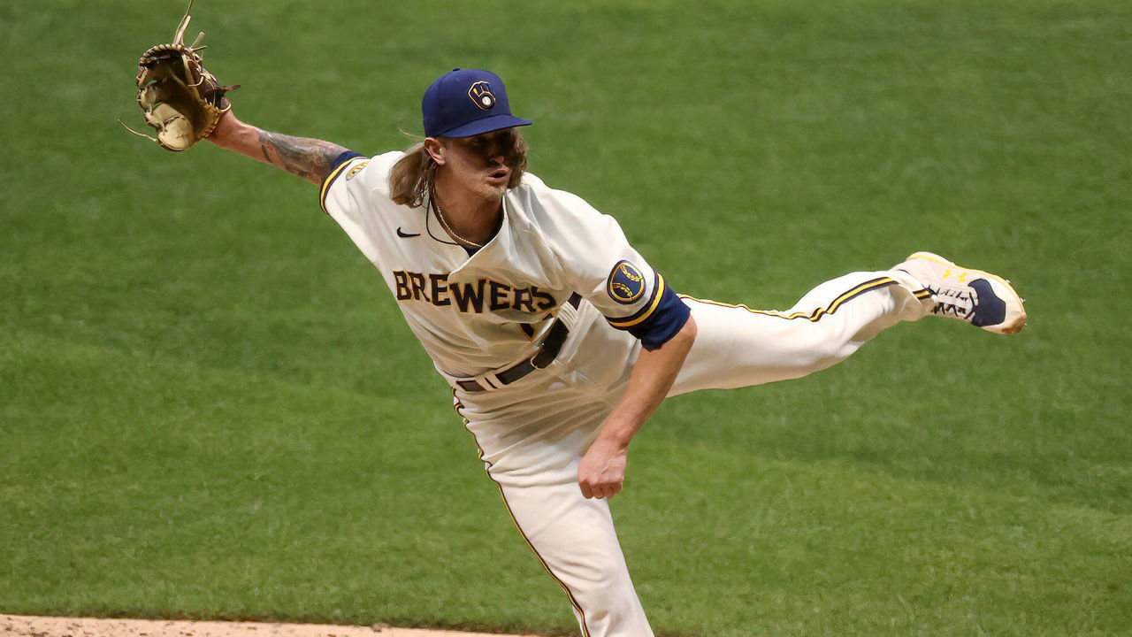 MILWAUKEE, WISCONSIN - AUGUST 24: Josh Hader #71 of the Milwaukee Brewers pitches in the eighth inning against the Cincinnati Reds at Miller Park on August 24, 2020 in Milwaukee, Wisconsin.
