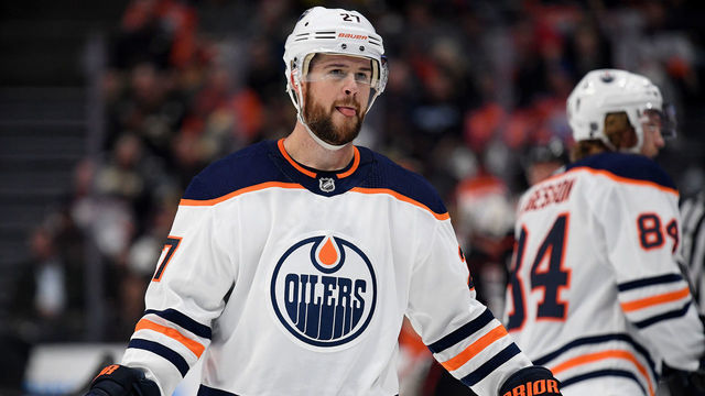 ANAHEIM, CALIFORNIA - FEBRUARY 25: Mike Green #27 of the Edmonton Oilers waits for a faceoff during a 4-3 Anaheim Ducks overtime win at Honda Center on February 25, 2020 in Anaheim, California.