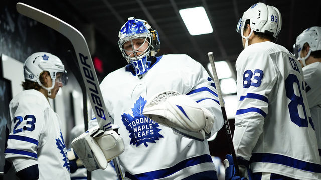 TORONTO, ONTARIO - AUGUST 07: Goaltender Frederik Andersen #31 of the Toronto Maple Leafs prepares to the ice for warm ups prior to the start of Game Four of the Eastern Conference Qualification Round against the Columbus Blue Jackets at Scotiabank Arena on August 07, 2020 in Toronto, Ontario.