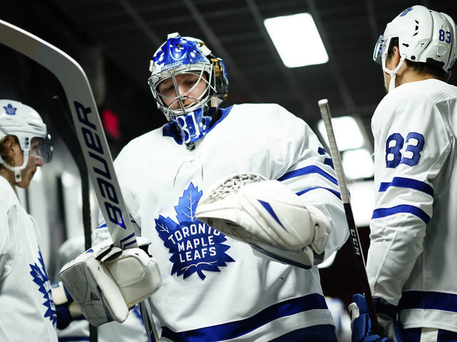 TORONTO, ONTARIO - AUGUST 07: Goaltender Frederik Andersen #31 of the Toronto Maple Leafs prepares to the ice for warm ups prior to the start of Game Four of the Eastern Conference Qualification Round against the Columbus Blue Jackets at Scotiabank Arena on August 07, 2020 in Toronto, Ontario.