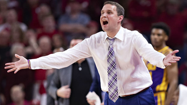 FAYETTEVILLE, AR - MARCH 4: Head Coach Will Wade of the LSU Tigers reacts to a call during a game against the Arkansas Razorbacks at Bud Walton Arena on March 4, 2020 in Fayetteville, Arkansas. The Razorbacks defeated the Tigers 99-90.